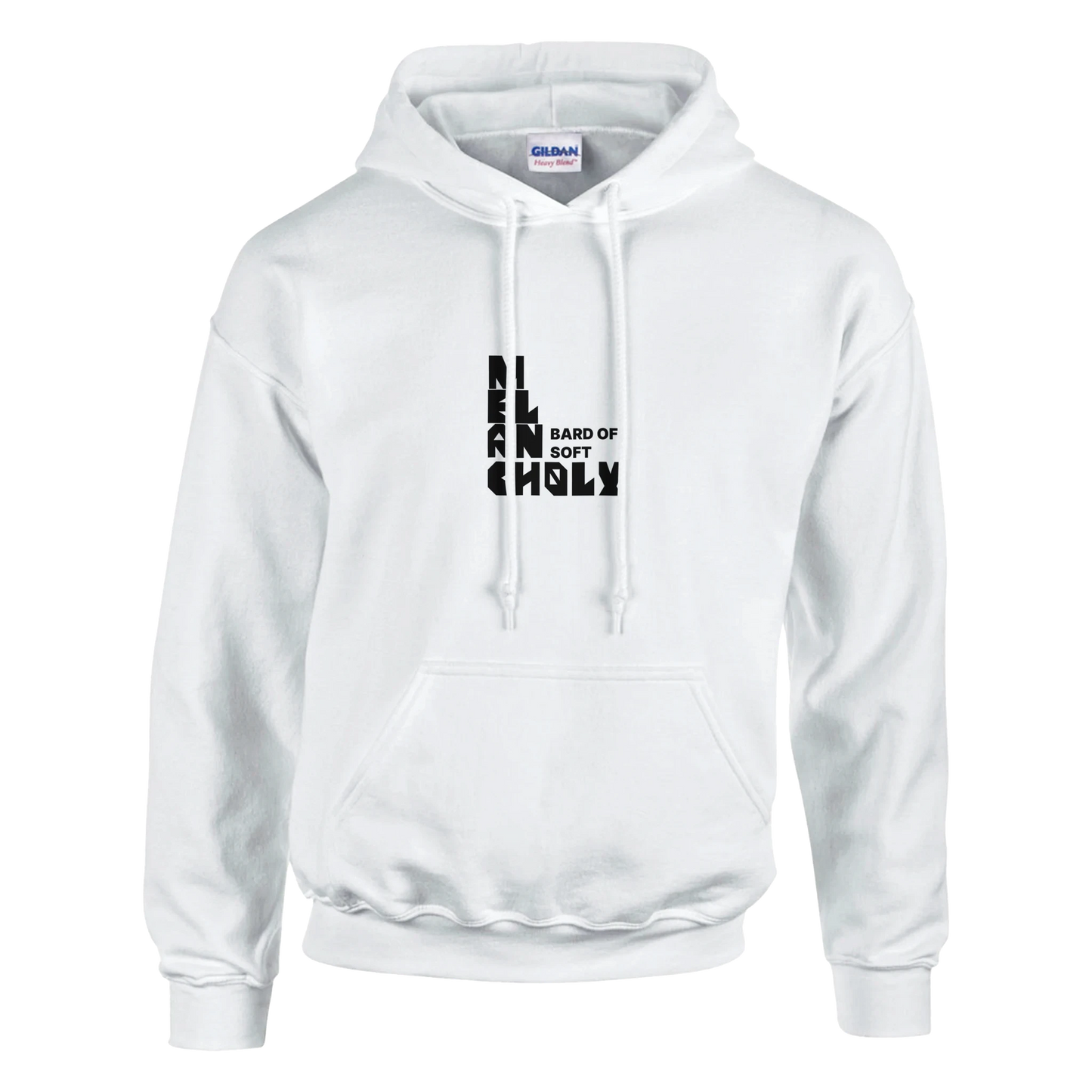 a white hoodie with the words "bard of soft melancholy" written on the front in a blocky stylised font